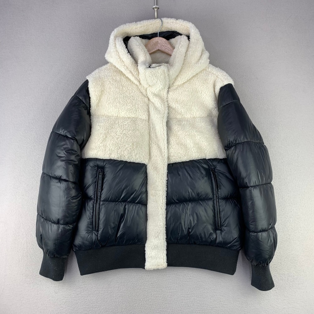 Lou & Grey Sherpa Puffer Jacket Women M Black Colorblock Hooded Winter Coat